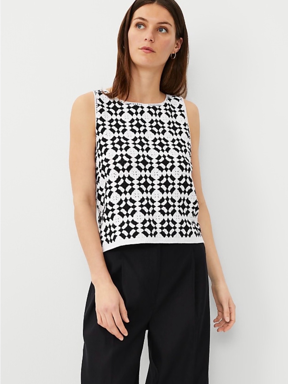 Ann Taylor Black and White Crochet Shell Tank